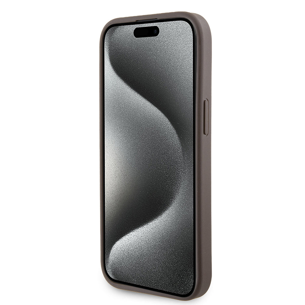 Custodia per Apple iPhone 15, Guess, Grip Stand 4G Triangle Strass, Marrone