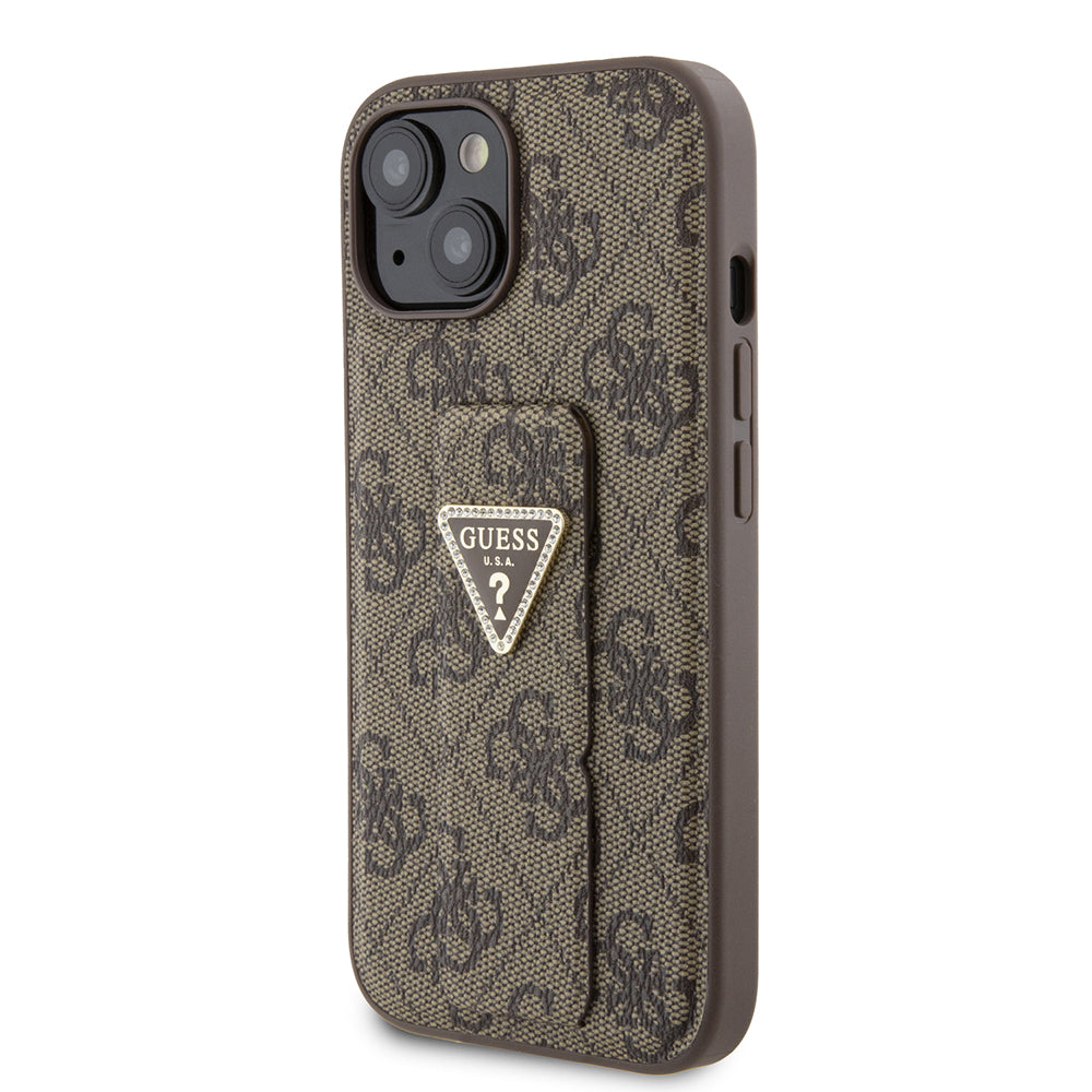 Custodia per Apple iPhone 15, Guess, Grip Stand 4G Triangle Strass, Marrone