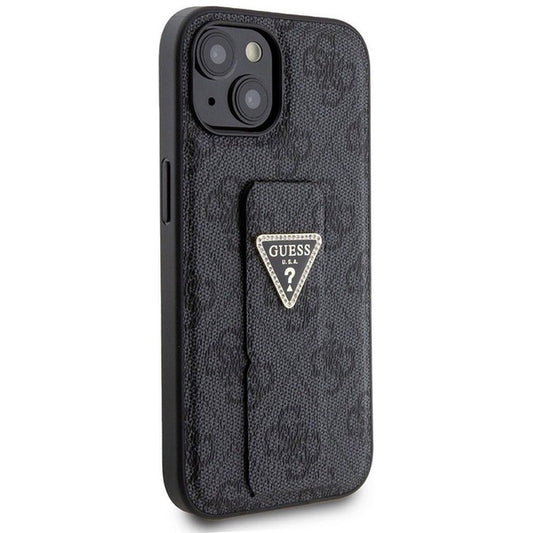 Étui pour Apple iPhone 15, Guess, Grip Stand 4G Triangle Strass, Noir