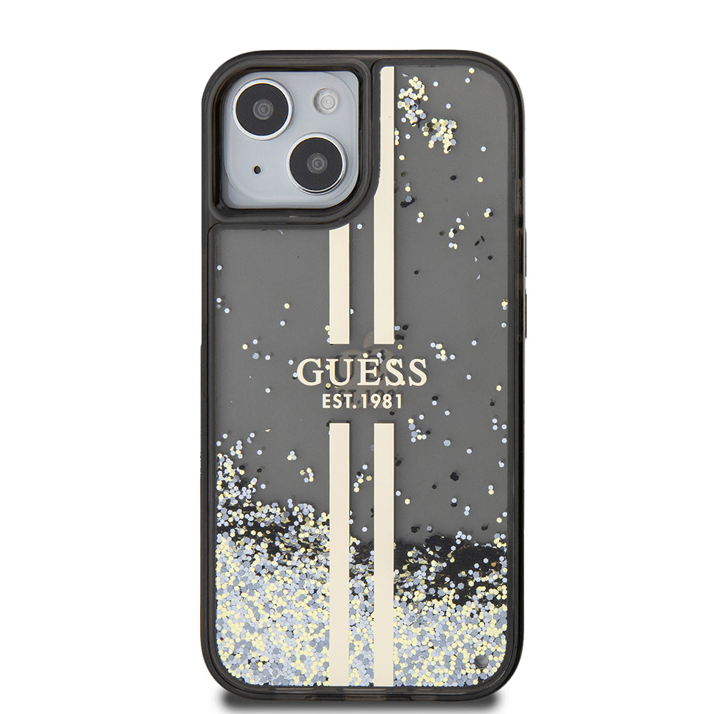Case for Apple iPhone 15, Guess, Liquid Glitter Gold Stripes, Black