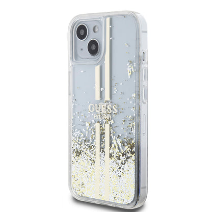 Custodia per Apple iPhone 15, Guess, Liquid Glitter Gold Stripes, Trasparente