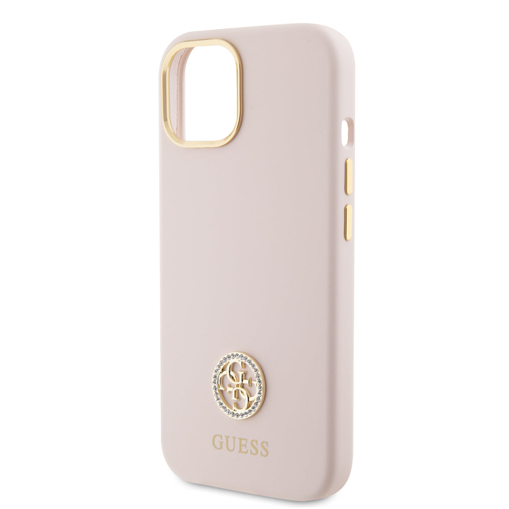 Custodia per Apple iPhone 15, Guess, Logo Strass 4G, Rosa Chiaro