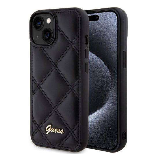 Étui pour Apple iPhone 15, Guess, Logo Métallique Matelassé, Noir