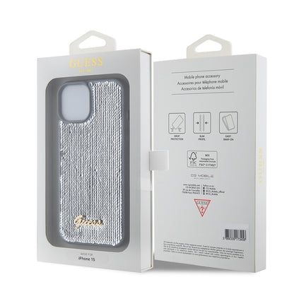 Étui pour Apple iPhone 15, Guess, Sequin Script Metal, Argenté