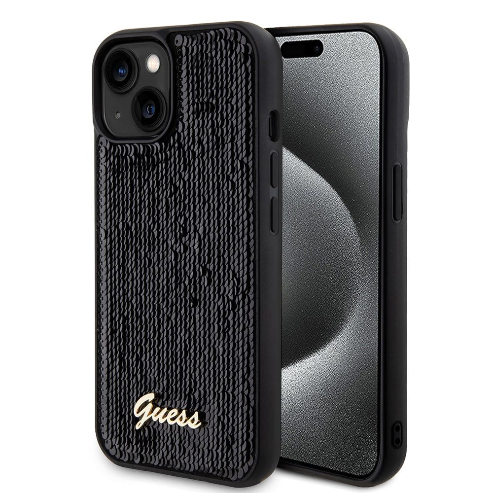 Étui pour Apple iPhone 15, Guess, Sequin Script Metal, Noir