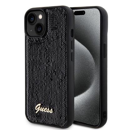 Étui pour Apple iPhone 15, Guess, Sequin Script Metal, Noir