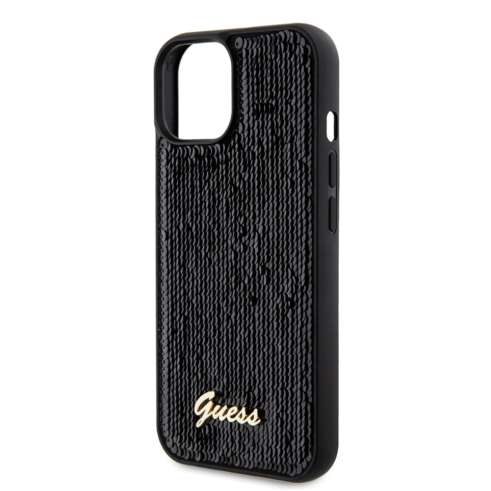 Étui pour Apple iPhone 15, Guess, Sequin Script Metal, Noir