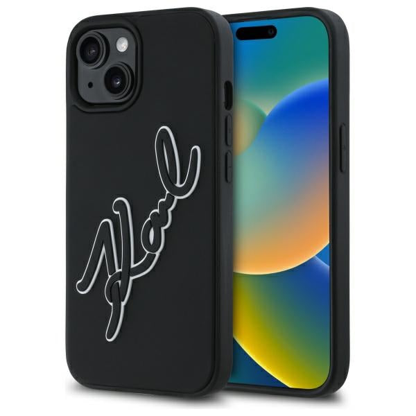 Hülle für Apple iPhone 15, Karl Lagerfeld, 3D Rubber Signature, Schwarz