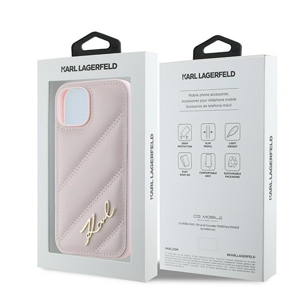 Hülle für Apple iPhone 15, Karl Lagerfeld, Diagonal Quilted Script, Rosa
