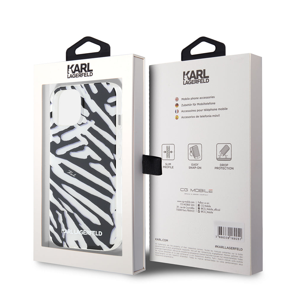 Custodia per Apple iPhone 15, Karl Lagerfeld, IML Luxury Zebra Pattern con Cinturino, Nera