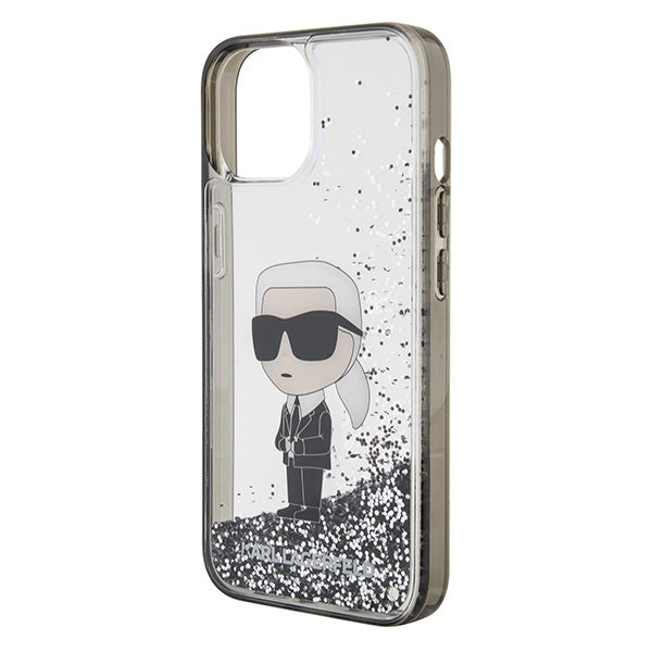 Étui pour Apple iPhone 15, Karl Lagerfeld, Liquid Glitter Ikonik Karl, Transparent