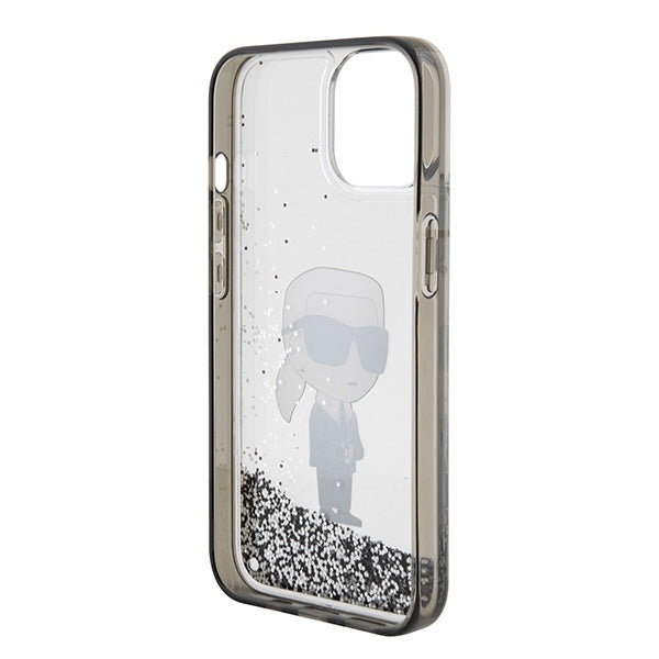 Étui pour Apple iPhone 15, Karl Lagerfeld, Liquid Glitter Ikonik Karl, Transparent