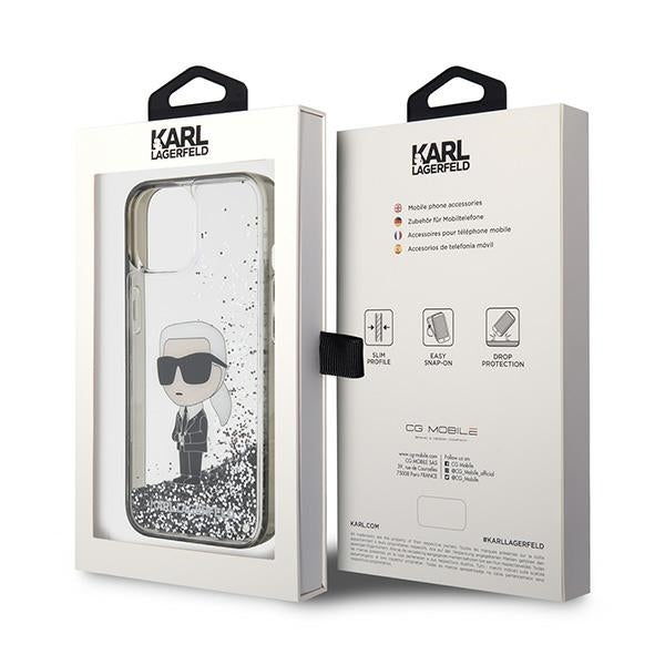 Étui pour Apple iPhone 15, Karl Lagerfeld, Liquid Glitter Ikonik Karl, Transparent