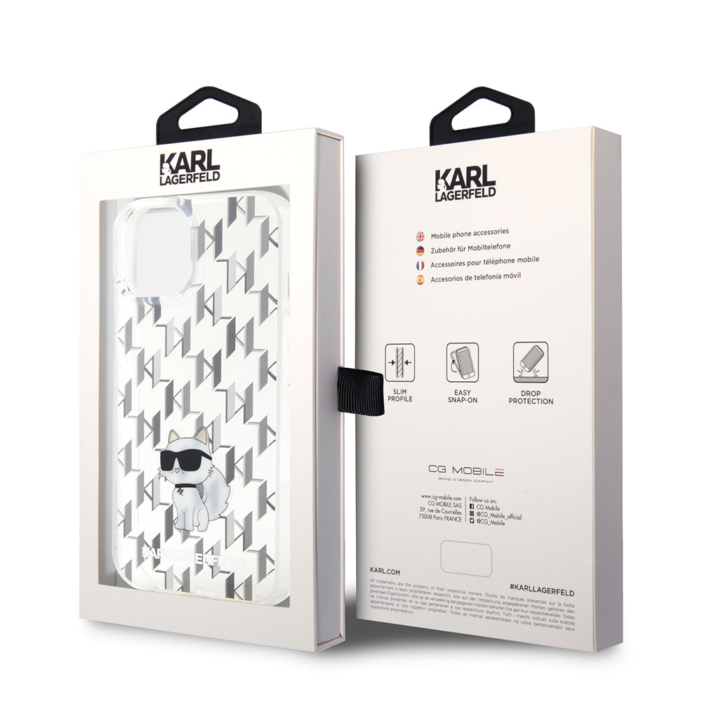 Hülle für Apple iPhone 15, Karl Lagerfeld, Monogram Choupette, Transparent