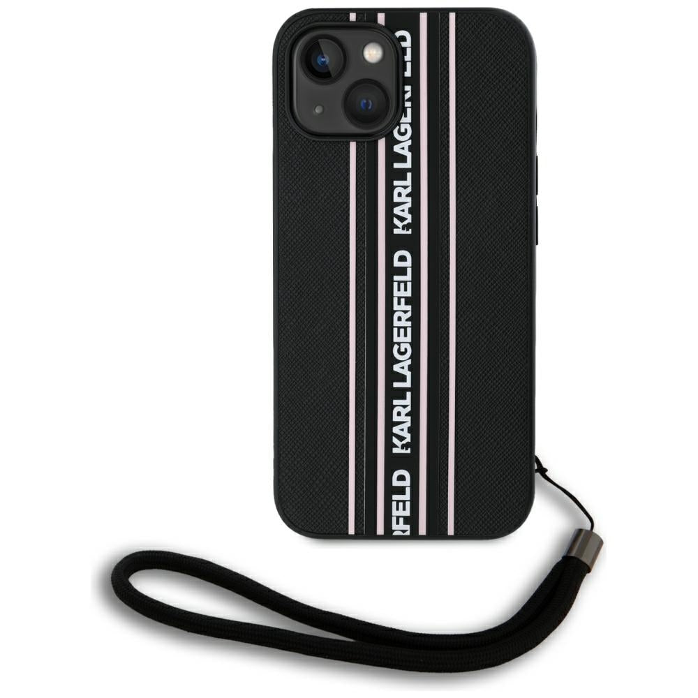 Custodia per Apple iPhone 15, Karl Lagerfeld, Saffiano Athleisure Stripes con Cinturino, Rosa
