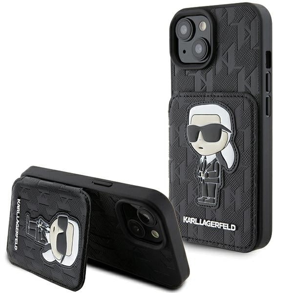 Custodia per Apple iPhone 15, Karl Lagerfeld, Saffiano Cardslots and Stand Monogram Ikonik Karl, Nera