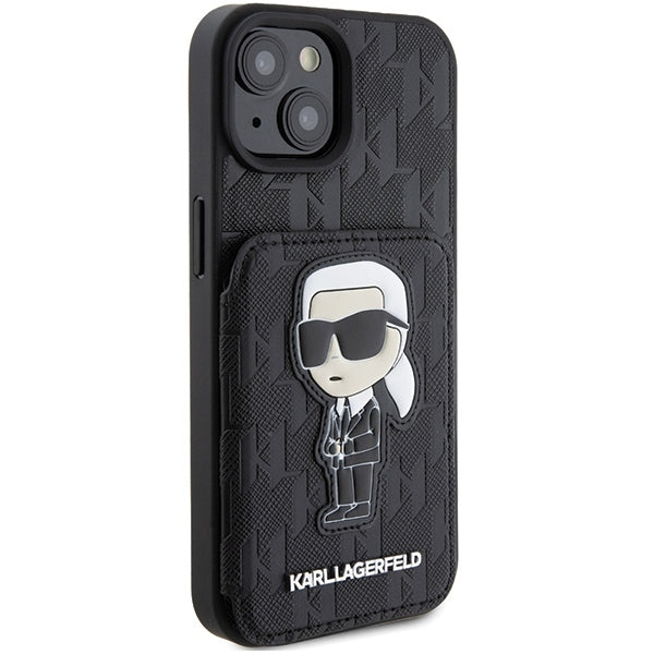 Custodia per Apple iPhone 15, Karl Lagerfeld, Saffiano Cardslots and Stand Monogram Ikonik Karl, Nera