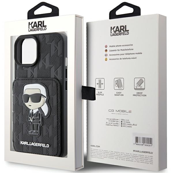 Custodia per Apple iPhone 15, Karl Lagerfeld, Saffiano Cardslots and Stand Monogram Ikonik Karl, Nera