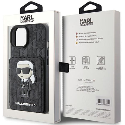 Custodia per Apple iPhone 15, Karl Lagerfeld, Saffiano Cardslots and Stand Monogram Ikonik Karl, Nera