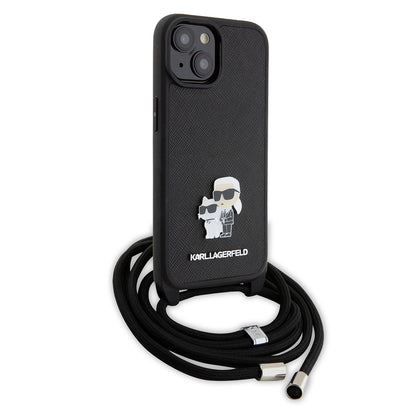 Case for Apple iPhone 15, Karl Lagerfeld, Saffiano Crossbody Metal Pin Karl & Choupette, Black