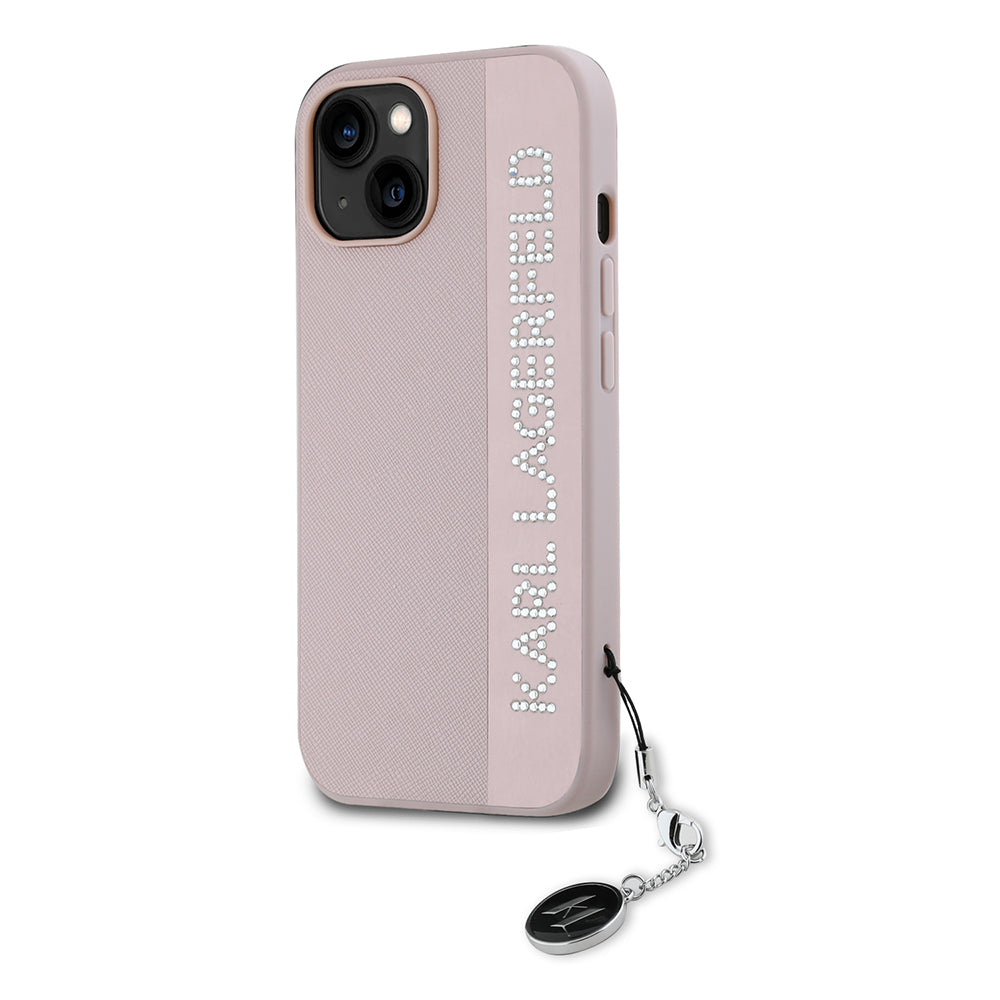 Étui pour Apple iPhone 15, Karl Lagerfeld, Saffiano Rhinestones & Charm, Rose