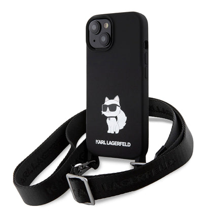Hülle für Apple iPhone 15, Karl Lagerfeld, Silicone Crossbody Choupette, Schwarz