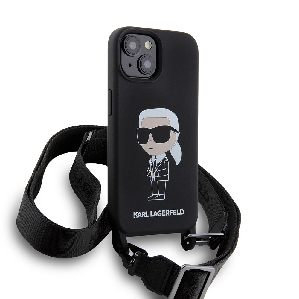 Case for Apple iPhone 15, Karl Lagerfeld, Silicone Crossbody Ikonik Karl, Black