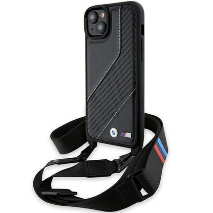Custodia per Apple iPhone 15 Plus, BMW, M Edition Carbon Stripe & Strap, Nera