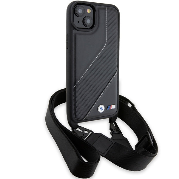 Custodia per Apple iPhone 15 Plus, BMW, M Edition Carbon Stripe & Strap, Nera