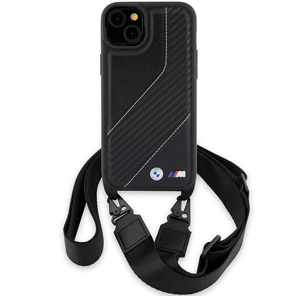 Custodia per Apple iPhone 15 Plus, BMW, M Edition Carbon Stripe & Strap, Nera