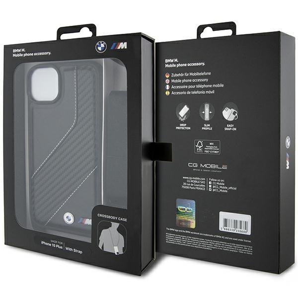 Custodia per Apple iPhone 15 Plus, BMW, M Edition Carbon Stripe & Strap, Nera