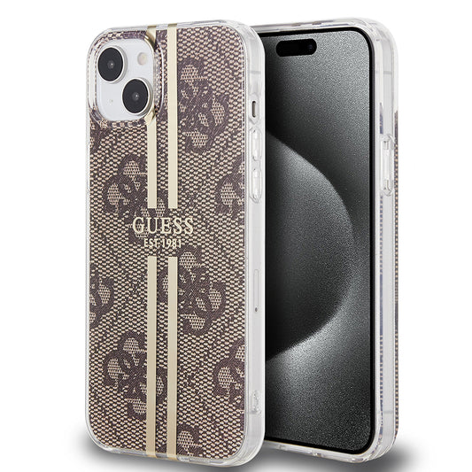 Custodia per Apple iPhone 15 Plus, Guess, IML 4G Gold Stripe, Marrone