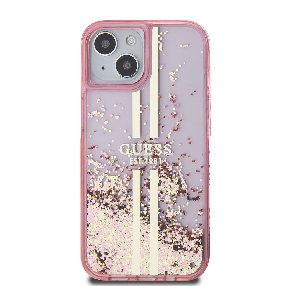 Étui pour Apple iPhone 15 Plus, Guess, Liquid Glitter Gold Stripes, Rose