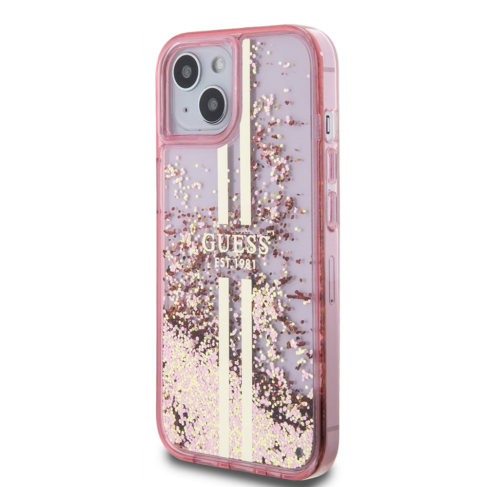 Étui pour Apple iPhone 15 Plus, Guess, Liquid Glitter Gold Stripes, Rose