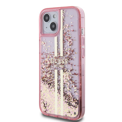 Étui pour Apple iPhone 15 Plus, Guess, Liquid Glitter Gold Stripes, Rose