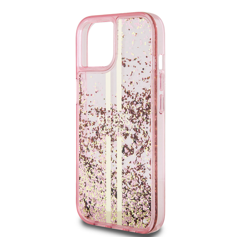 Étui pour Apple iPhone 15 Plus, Guess, Liquid Glitter Gold Stripes, Rose