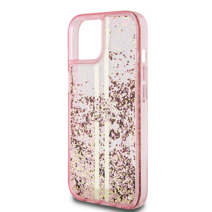 Étui pour Apple iPhone 15 Plus, Guess, Liquid Glitter Gold Stripes, Rose