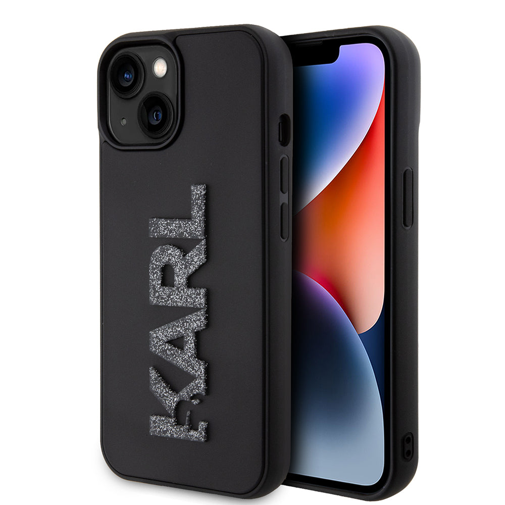 Housse pour Apple iPhone 15 Plus, Karl Lagerfeld, Logo Pailleté en Caoutchouc 3D, Noire
