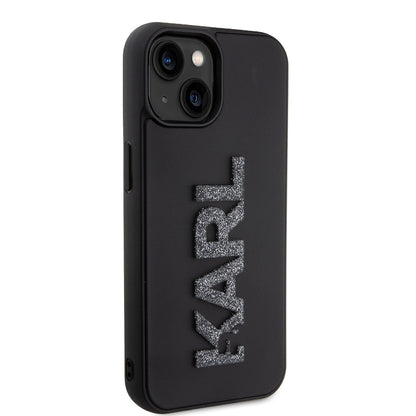 Housse pour Apple iPhone 15 Plus, Karl Lagerfeld, Logo Pailleté en Caoutchouc 3D, Noire