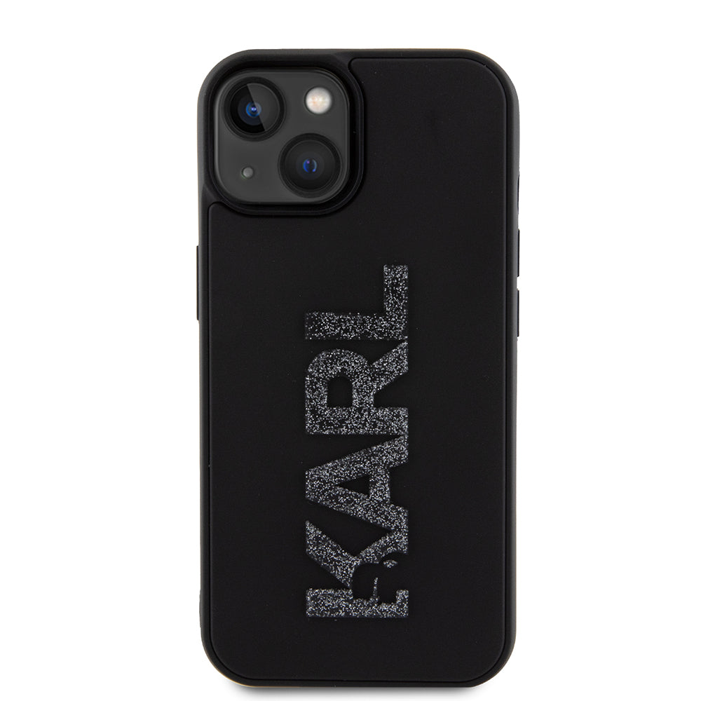 Housse pour Apple iPhone 15 Plus, Karl Lagerfeld, Logo Pailleté en Caoutchouc 3D, Noire