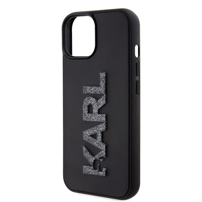 Housse pour Apple iPhone 15 Plus, Karl Lagerfeld, Logo Pailleté en Caoutchouc 3D, Noire
