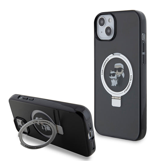 Hülle für Apple iPhone 15 Plus, Karl Lagerfeld, Ringstand Karl & Choupette, Schwarz
