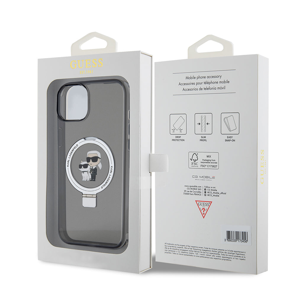 Hülle für Apple iPhone 15 Plus, Karl Lagerfeld, Ringstand Karl & Choupette, Schwarz