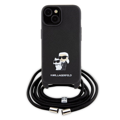 Custodia per Apple iPhone 15 Plus, Karl Lagerfeld, Saffiano Crossbody Metal Pin Karl & Choupette, Nera
