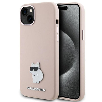 Custodia per Apple iPhone 15 Plus, Karl Lagerfeld, Silicone Choupette Metal, Rosa
