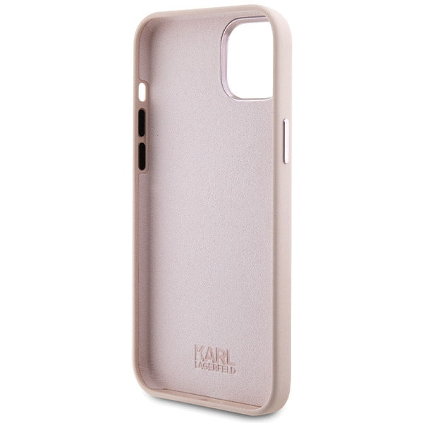 Custodia per Apple iPhone 15 Plus, Karl Lagerfeld, Silicone Choupette Metal, Rosa