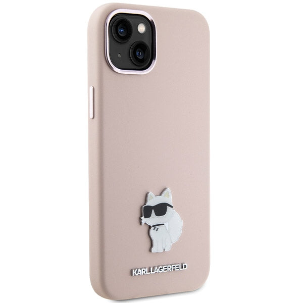 Custodia per Apple iPhone 15 Plus, Karl Lagerfeld, Silicone Choupette Metal, Rosa