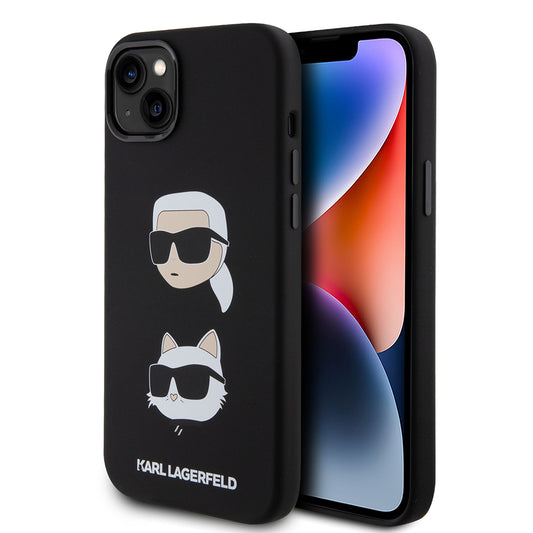 Hülle für Apple iPhone 15 Plus, Karl Lagerfeld, Silikon Karl & Choupette's Heads, Schwarz