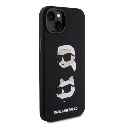 Custodia per Apple iPhone 15 Plus, Karl Lagerfeld, Silicone Karl & Choupette's Heads, Nera