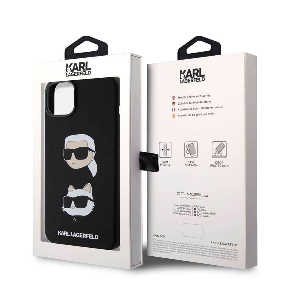 Custodia per Apple iPhone 15 Plus, Karl Lagerfeld, Silicone Karl & Choupette's Heads, Nera